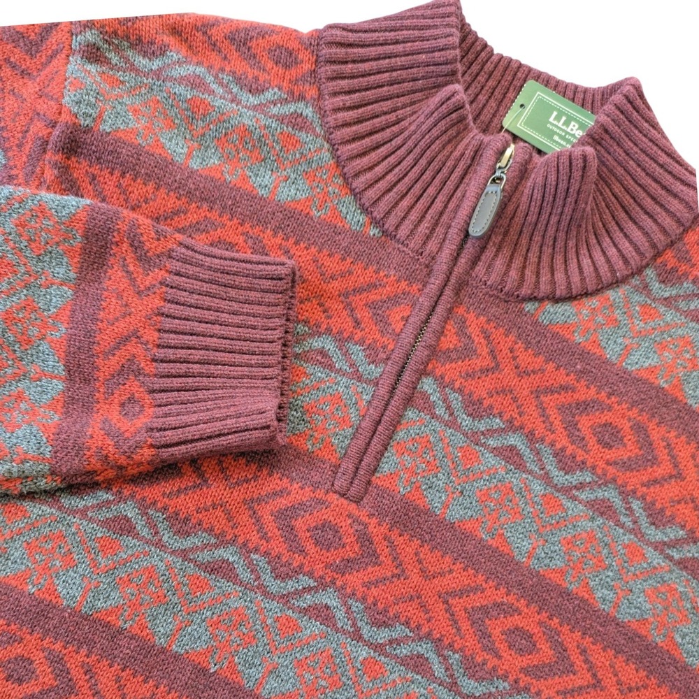 LL Bean Mens Fair Isle Nordic Quarter Zip Sweater Red Ochre Large-Tall Cabincore